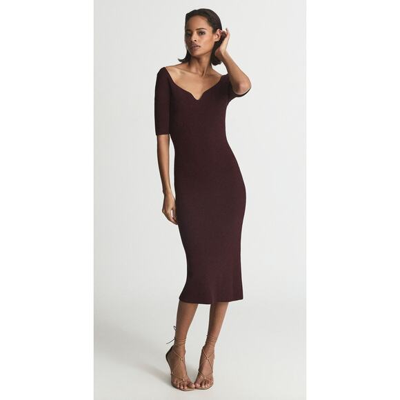 NWT Women's Reiss Olivia Sweetheart Neck Midi Dress In Burgundy size L - Picture 1 of 7